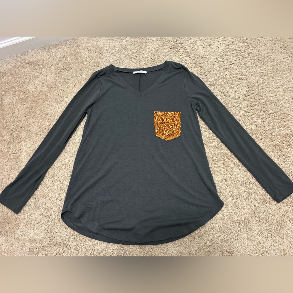Zenana Outfitters Charcoal Top with Gold Accent Sequins